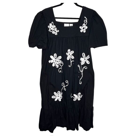Vtg Go Softly Size Large House Dress Kaftan Mumu Embroidered Flora Boho Black - Picture 1 of 7